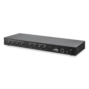 Front layout view of the black 4x4 HDMI MATRIX SWITCH highlighting control buttons and IR receiver window