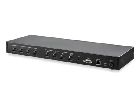 Front layout view of the black 4x4 HDMI MATRIX SWITCH highlighting control buttons and IR receiver window