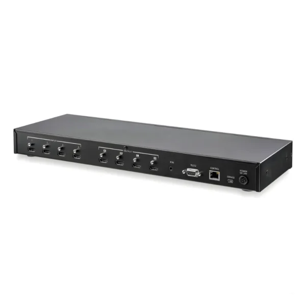 614x4-hdmi-matrix-switch-front Front layout view of the black 4x4 HDMI MATRIX SWITCH highlighting control buttons and IR receiver window