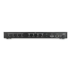 Side view detail showing RS232 terminal block and Ethernet control connectors on a MATRIX SWITCH box