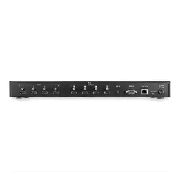 Side view detail showing RS232 terminal block and Ethernet control connectors on a MATRIX SWITCH box