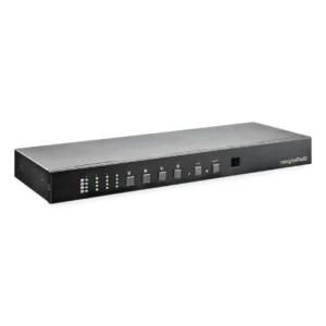 Widescreen media rack installation using metal mounting ears to secure a MATRIX SWITCH system box