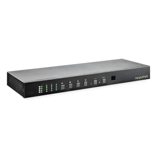 Widescreen media rack installation using metal mounting ears to secure a MATRIX SWITCH system box