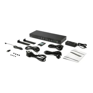 Complete unboxed packaging kit detailing power supply wireless remote and accessories beside a black MATRIX SWITCH