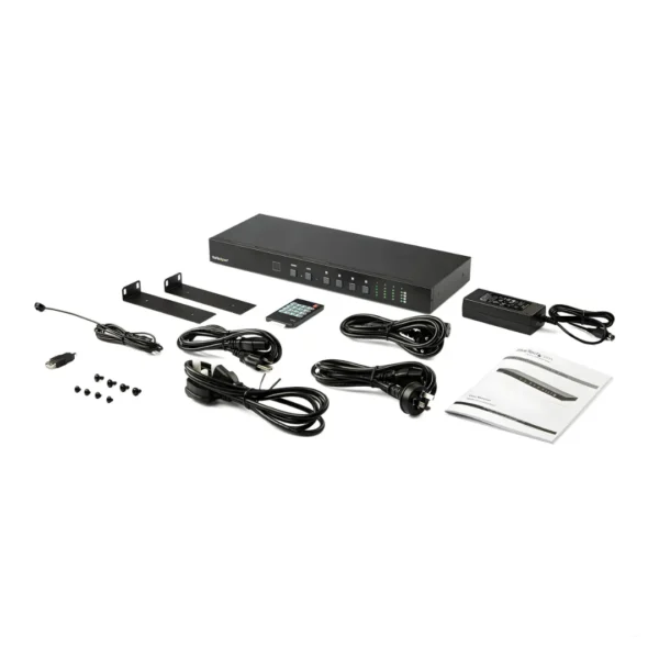Complete unboxed packaging kit detailing power supply wireless remote and accessories beside a black MATRIX SWITCH