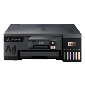 Front layout view of the compact 6 color EPSON 8050 wireless photo printer showing the integrated ink tanks
