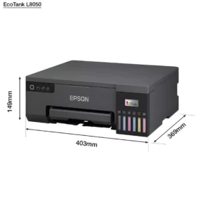 Smartphone running the smart panel application next to an EPSON 8050 printer processing a high quality image