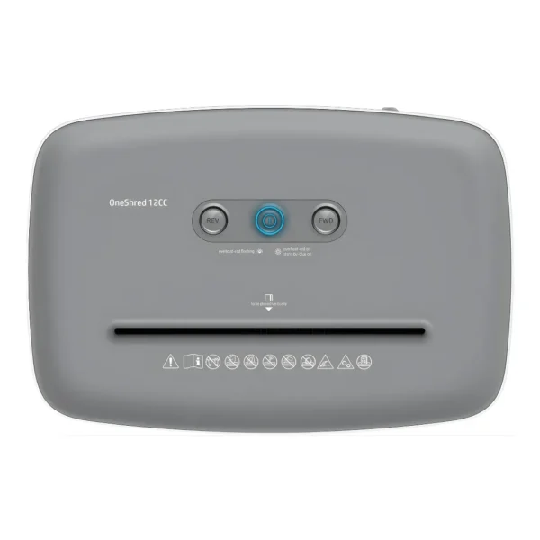 Compact HP OneShred 12CC placed next to an office desk