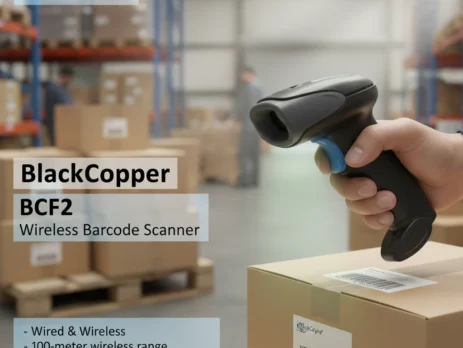 BlackCopper BC-F2 1D CCD wireless barcode scanner front view with charging cable