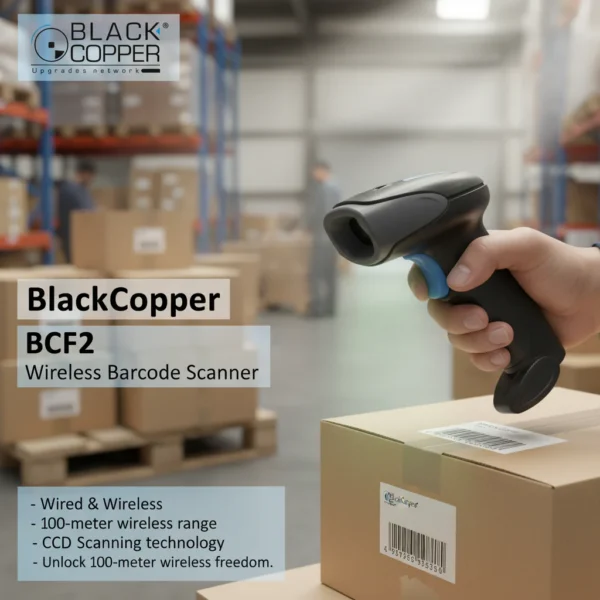 blackcopper-bc-f2-wireless-barcode-scanner-front BlackCopper BC-F2 1D CCD wireless barcode scanner front view with charging cable