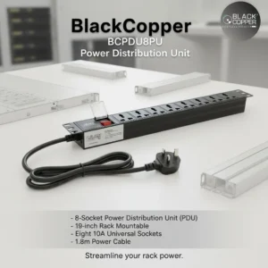 BlackCopper BCPDU8PU 1U 8 outlet rackmount PDU front view showing master power switch