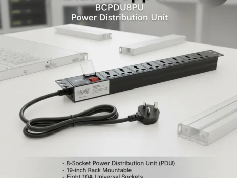 BlackCopper BCPDU8PU 1U 8 outlet rackmount PDU front view showing master power switch