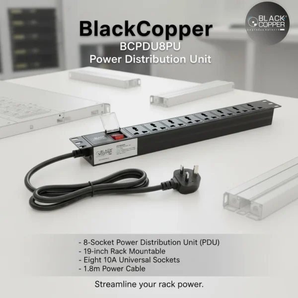 BlackCopper BCPDU8PU 1U 8 outlet rackmount PDU front view showing master power switch