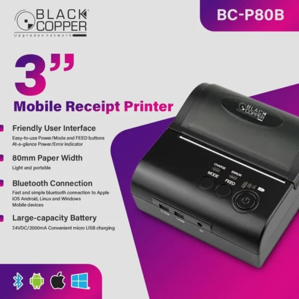 BlackCopper BC-P80B 80mm Bluetooth mini thermal receipt printer front angle view