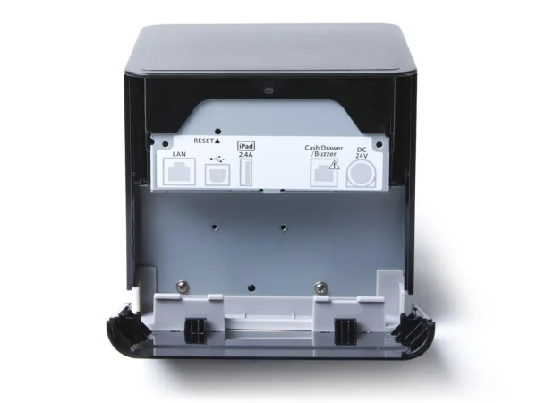 Open front-loading thermal paper roll bay on Star mC-Print3