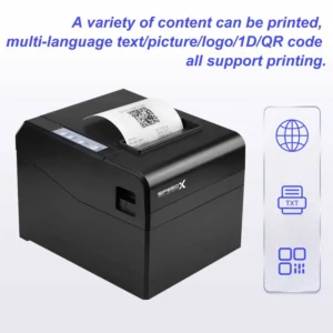 Speed-X SP-250U thermal receipt printer operating on a supermarket cash register counter