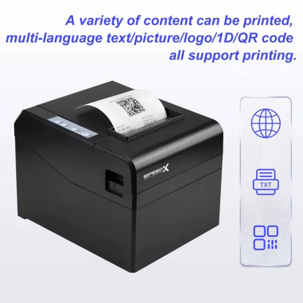 Speed-X SP-250U thermal receipt printer operating on a supermarket cash register counter