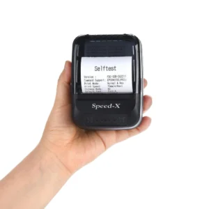 Speed-X BT450M top cover open displaying 58mm thermal paper roll installation