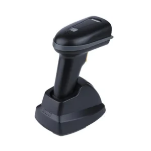 Handheld Speed-X SP-70D wireless scanner auditing 1D/2D QR Code barcodes on warehouse boxes
