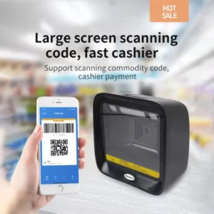 Courier package tracking barcode being scanned on Speed-X SX-9700 desktop barcode scanner
