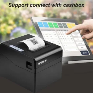 Rear ports panel of Speed-X SP-250U showing USB port, cash drawer interface, and power switch