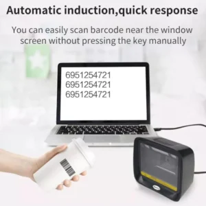 Speed-X SX-9700 desktop barcode scanner reading a digital QR code from a mobile phone screen