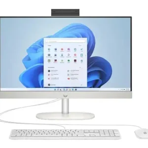 HP AIO DT 24-CR2030D Shell White All-in-One computer front view with touchscreen display