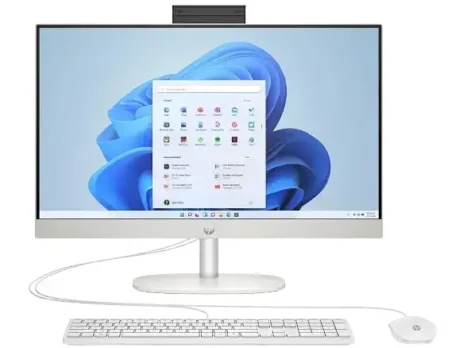 HP AIO DT 24-CR2030D Shell White All-in-One computer front view with touchscreen display