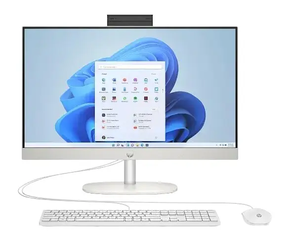 HP AIO DT 24-CR2030D Shell White All-in-One computer front view with touchscreen display
