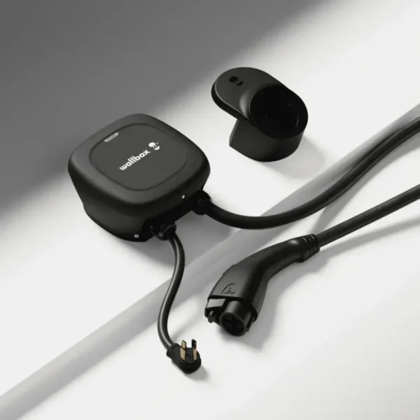 Integrated Type 2 charging cable plug and holster on Wallbox Pulsar Plus 22kW