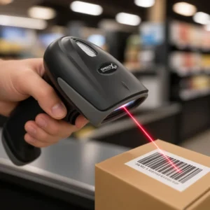 Wireless barcode scanner gun reading a 2D QR code off a smartphone screen at retail POS