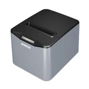 Open clamshell lid of Speed-X SP-200U showing 80mm thermal paper roll chamber