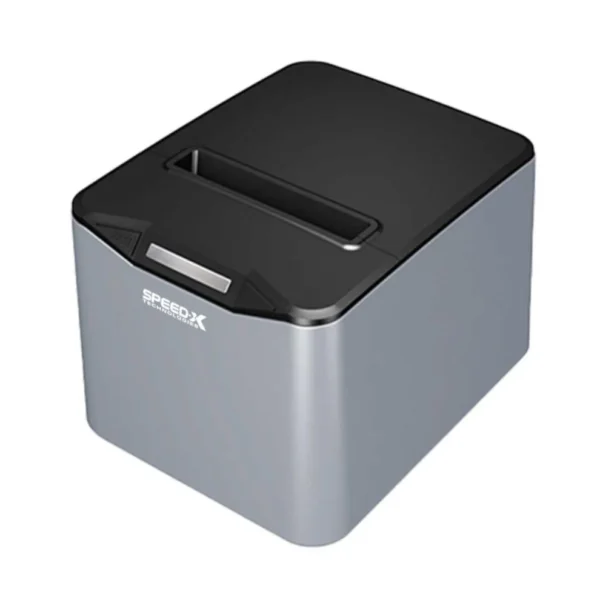 Open clamshell lid of Speed-X SP-200U showing 80mm thermal paper roll chamber