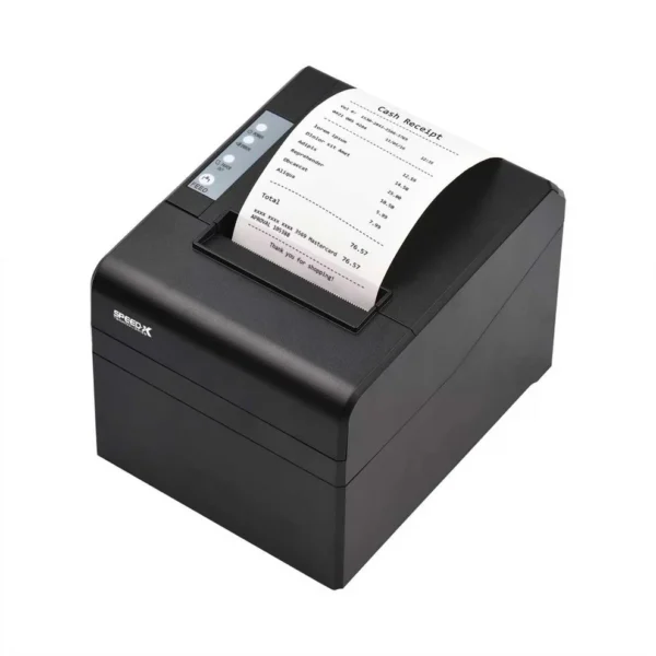 Speed-X SP-250U thermal printer with top cover open showing 80mm paper roll loading bay