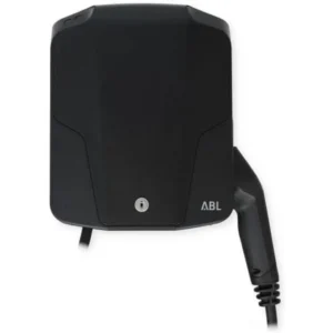 Unboxing layout of ABL Wallbox eMH1 package showing mounting template, keys, and manual