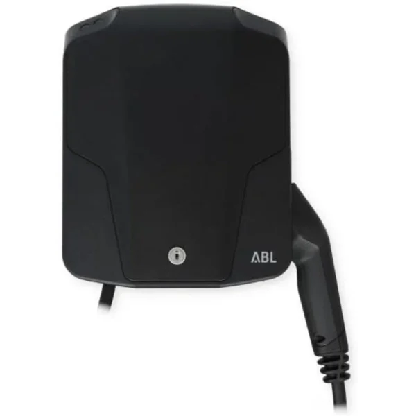 Unboxing layout of ABL Wallbox eMH1 package showing mounting template, keys, and manual