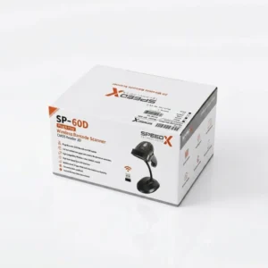 Warehouse operator holding Speed-X 60D barcode scanner gun checking inventory boxes