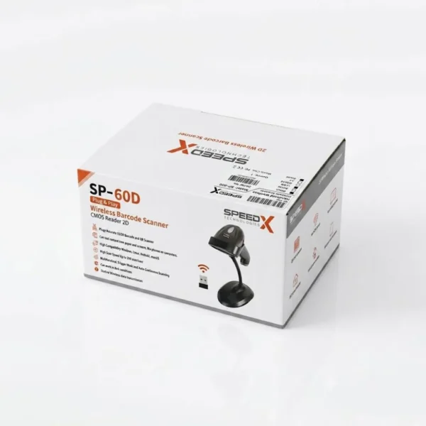 Warehouse operator holding Speed-X 60D barcode scanner gun checking inventory boxes