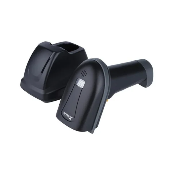Speed-X SP-70D barcode scanner decoding a 1D/2D QR Code on a smartphone screen
