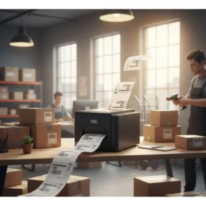 TSC TE244 barcode printer operating on an e-commerce warehouse dispatch packing table