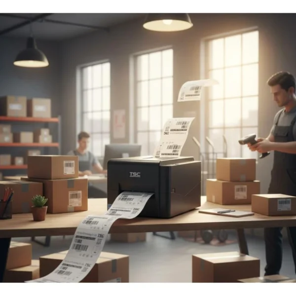 TSC TE244 barcode printer operating on an e-commerce warehouse dispatch packing table