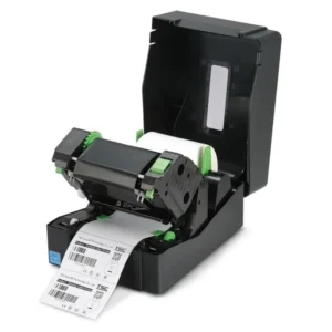 Open clamshell lid of TSC TE244 showing thermal transfer ribbon and label roll compartment