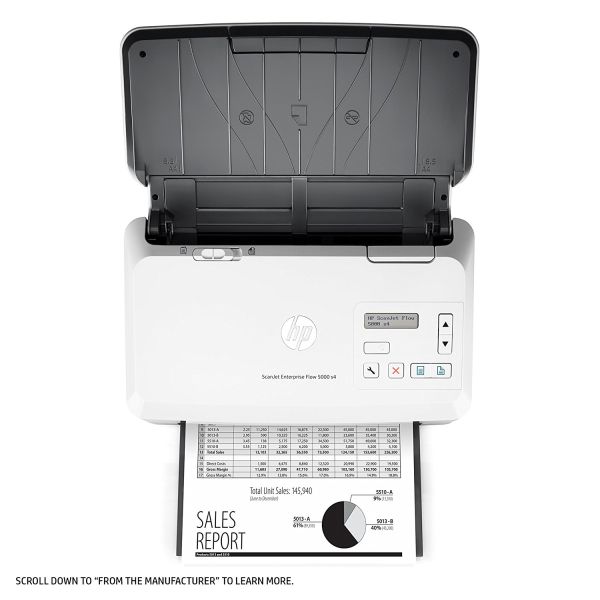 HP Sheetfeed Scanner 80-page ADF tray loaded with office paper stack