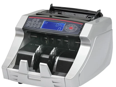 Front view of NewWave NW-2829 cash counting machine with LCD screen and banknote hopper
