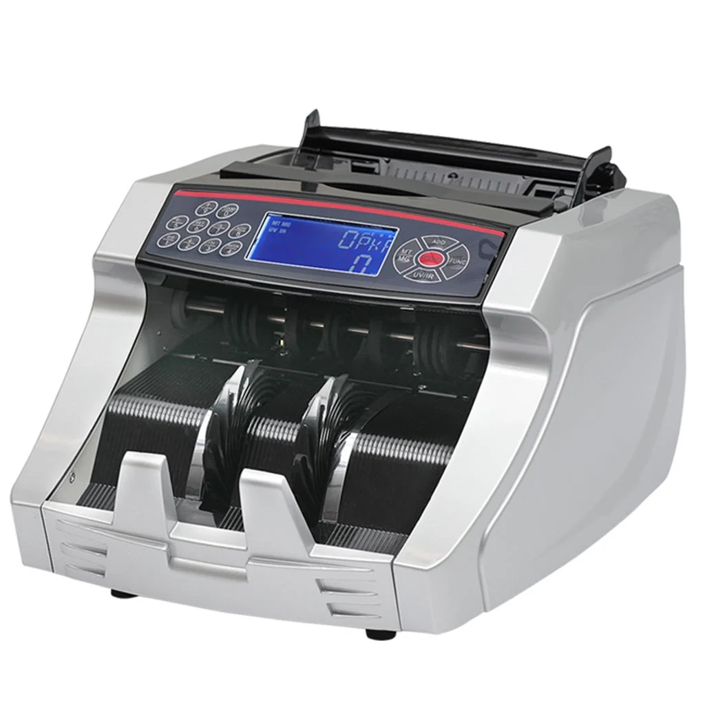 Front view of NewWave NW-2829 cash counting machine with LCD screen and banknote hopper