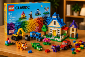 Colorful building blocks and LEGO-style construction sets for children