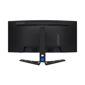 Rear perspective of Lenovo Legion R34w-30 monitor showing ergonomic stand and Legion branding