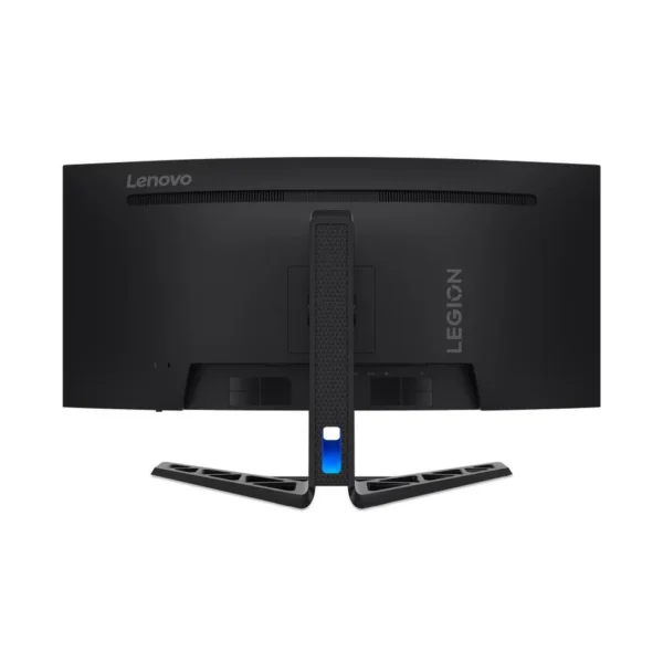 Rear perspective of Lenovo Legion R34w-30 monitor showing ergonomic stand and Legion branding
