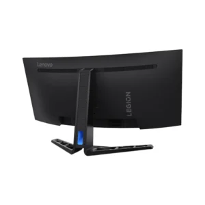 Unboxing layout of Lenovo Legion R34w-30 monitor with stand, DisplayPort cable, and power lead