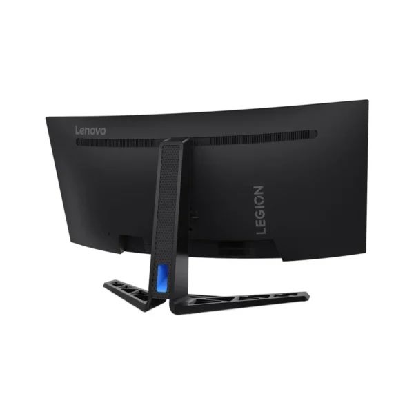 Unboxing layout of Lenovo Legion R34w-30 monitor with stand, DisplayPort cable, and power lead